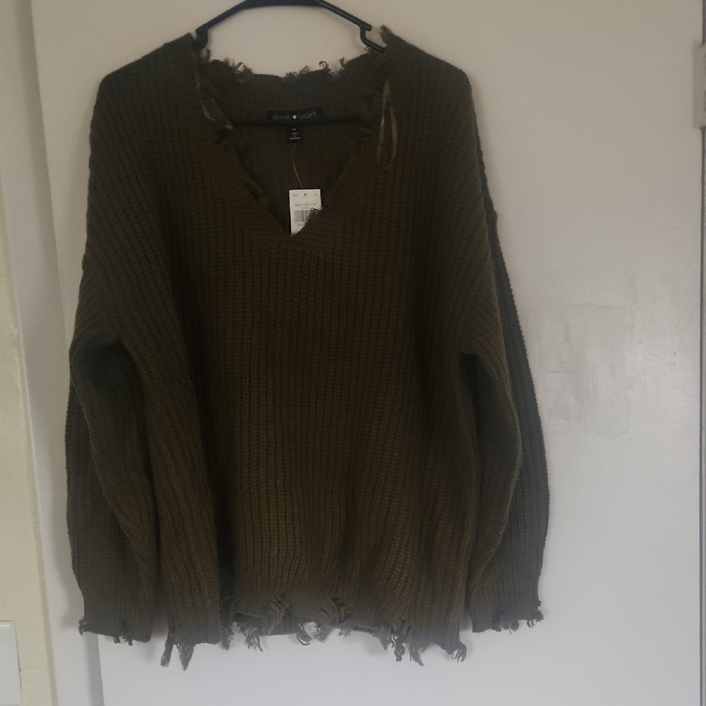 Olive Green Distressed Knit Sweater
